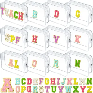 12 Personalized Initial A-z Preppy Patch Clear Makeup Bag Initial Letter Beach Travel Toiletry Cosmetic PVC Bag DIY Chenille Sew Letter Patches End of the Year Gifts(White, Multicolor Letters)