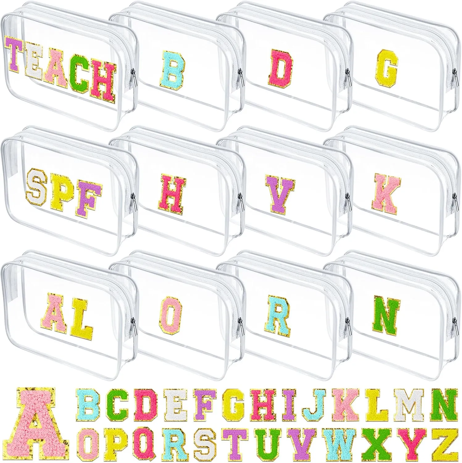 12 Personalized Initial A-z Preppy Patch Clear Makeup Bag Initial Letter Beach Travel Toiletry Cosmetic PVC Bag DIY Chenille Sew Letter Patches End of the Year Gifts(White, Multicolor Letters)