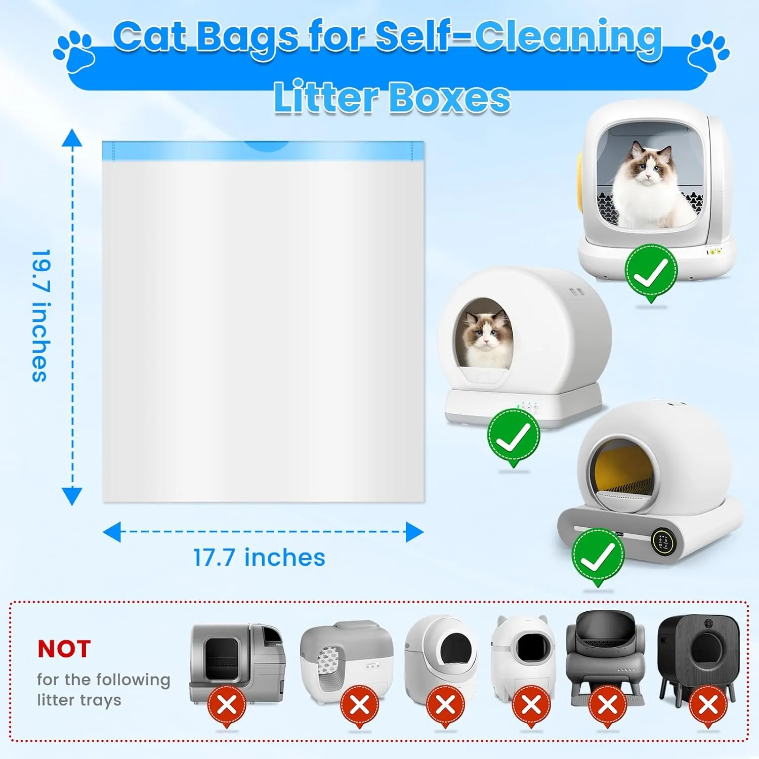 120 Count Cat Litter Box Liners Bags for MeoWant MW-SC01 / MW-SC02, Extra-Thick Cat Waste Bags for Self-Cleaning Litter Box, Drawstring Self Cleaning Trash Bags -17.7" x 19.68"