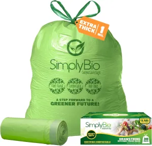 13 Gallon Compostable Trash Bags Liners Drawstring, Heavy Duty Extra Thick 1 Mil, 49.21 Liter, 30 Bags, Tall Kitchen Food Scrap Waste Bag, ASTM D6400, US BPI and OK Compost Home Certified