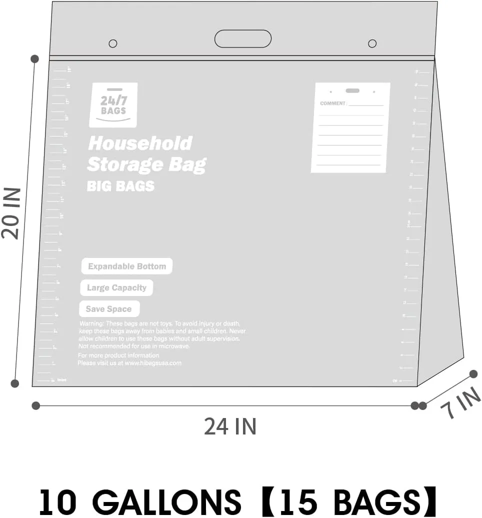 15 XX-Large Plastic Storage Bags, 10 Gallons, Zero BPA, Double Zipper Seal, 3 Mils Thick, Double Layer Carry Handle, 24"x20"x7", Moving, Seasonal, Travel