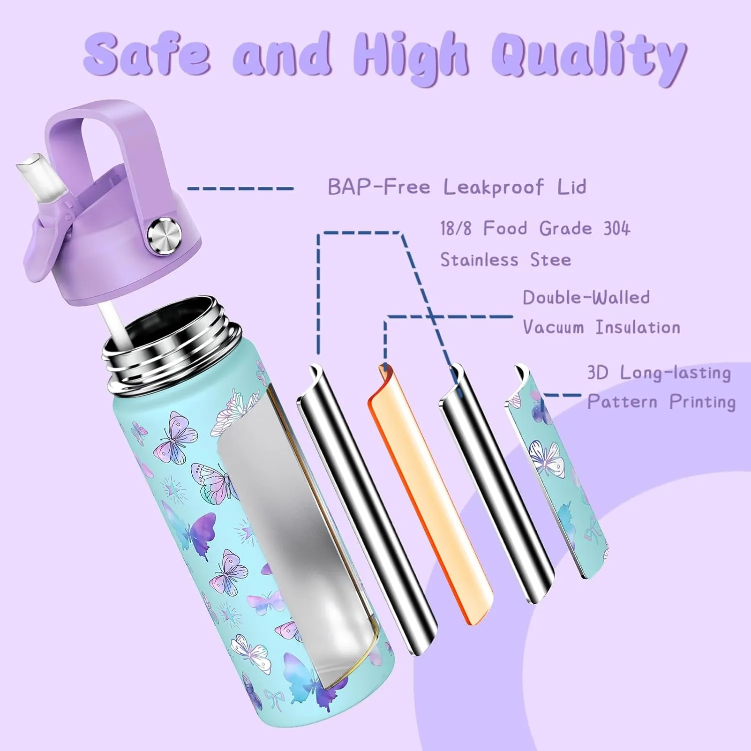 18oz Kids Insulated Water Bottle with Straw Lid - 18/8 Stainless Steel Kid Cup BPA-FREE Travel Tumbler Double Wall Vacuum Leak Proof Portable Toddler Water Bottle (Butterfly