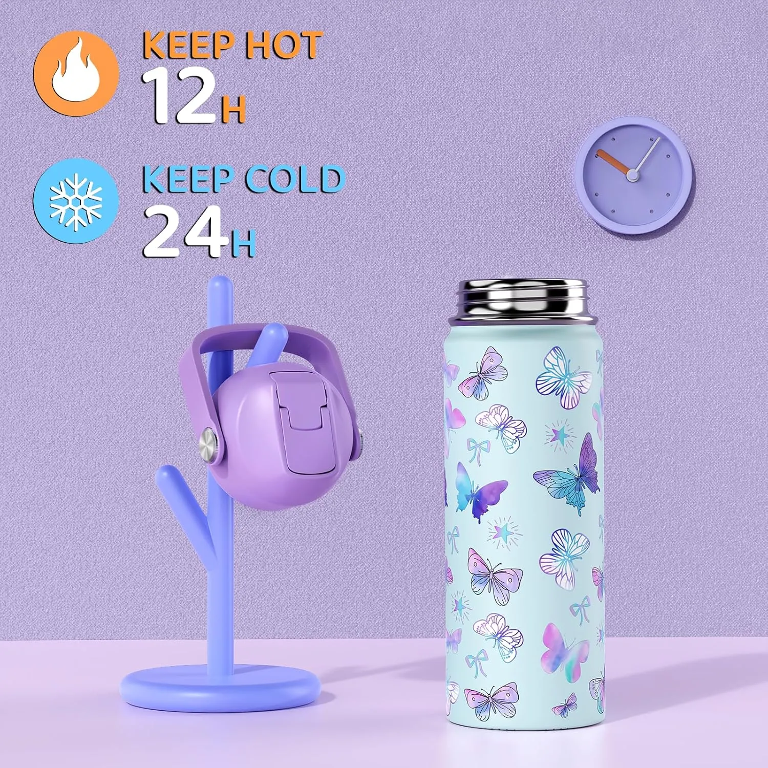 18oz Kids Insulated Water Bottle with Straw Lid - 18/8 Stainless Steel Kid Cup BPA-FREE Travel Tumbler Double Wall Vacuum Leak Proof Portable Toddler Water Bottle (Butterfly