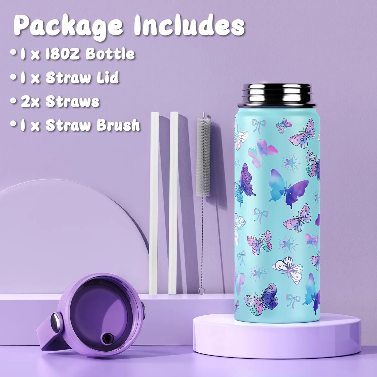 18oz Kids Insulated Water Bottle with Straw Lid - 18/8 Stainless Steel Kid Cup BPA-FREE Travel Tumbler Double Wall Vacuum Leak Proof Portable Toddler Water Bottle (Butterfly