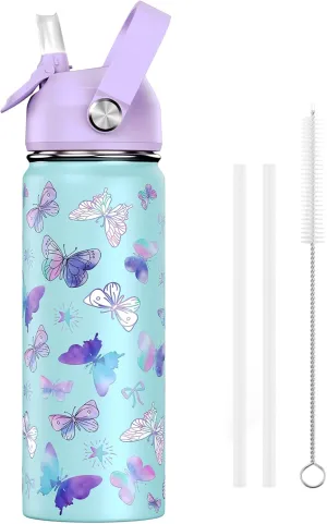 18oz Kids Insulated Water Bottle with Straw Lid - 18/8 Stainless Steel Kid Cup BPA-FREE Travel Tumbler Double Wall Vacuum Leak Proof Portable Toddler Water Bottle (Butterfly