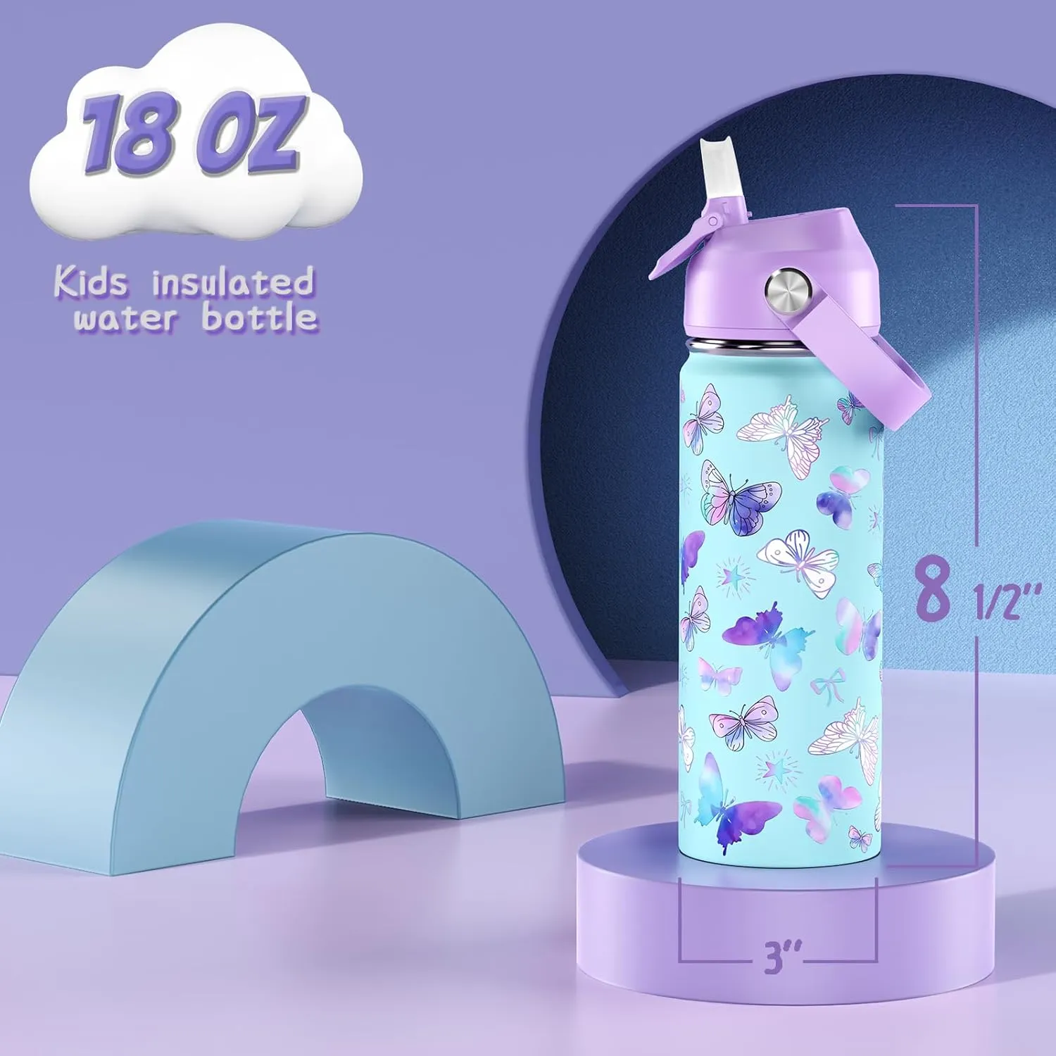 18oz Kids Insulated Water Bottle with Straw Lid - 18/8 Stainless Steel Kid Cup BPA-FREE Travel Tumbler Double Wall Vacuum Leak Proof Portable Toddler Water Bottle (Butterfly