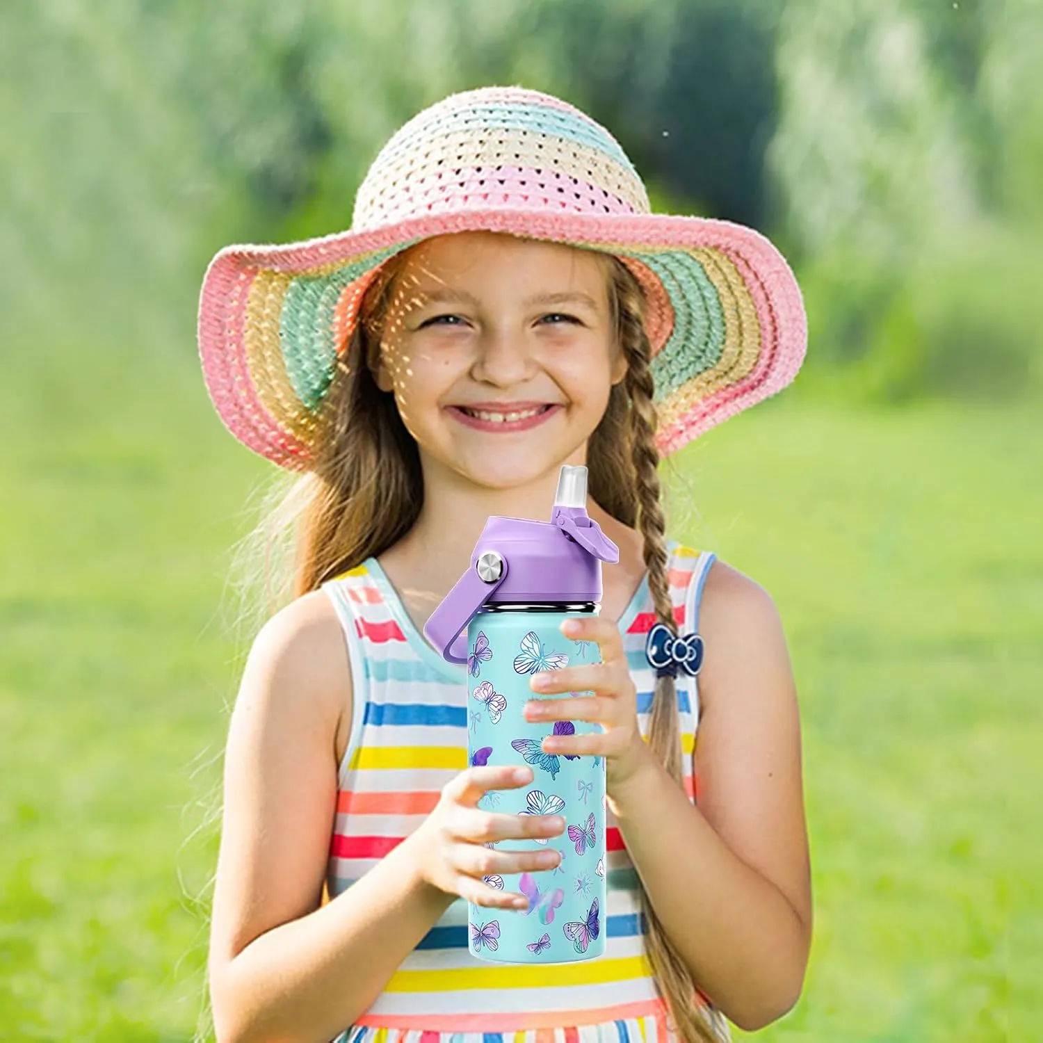 18oz Kids Insulated Water Bottle with Straw Lid - 18/8 Stainless Steel Kid Cup BPA-FREE Travel Tumbler Double Wall Vacuum Leak Proof Portable Toddler Water Bottle (Butterfly