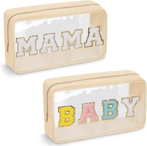 2 Pcs Chenille Letter Clear Makeup Bag Mama Baby Pouch, Mama Baby Hospital Duffle Bag Clear Diaper Bag Organizing Pouches with Zipper, Travel Baby Toiletry Bag Nylon Cosmetic for Women Girl(MAMA BABY)