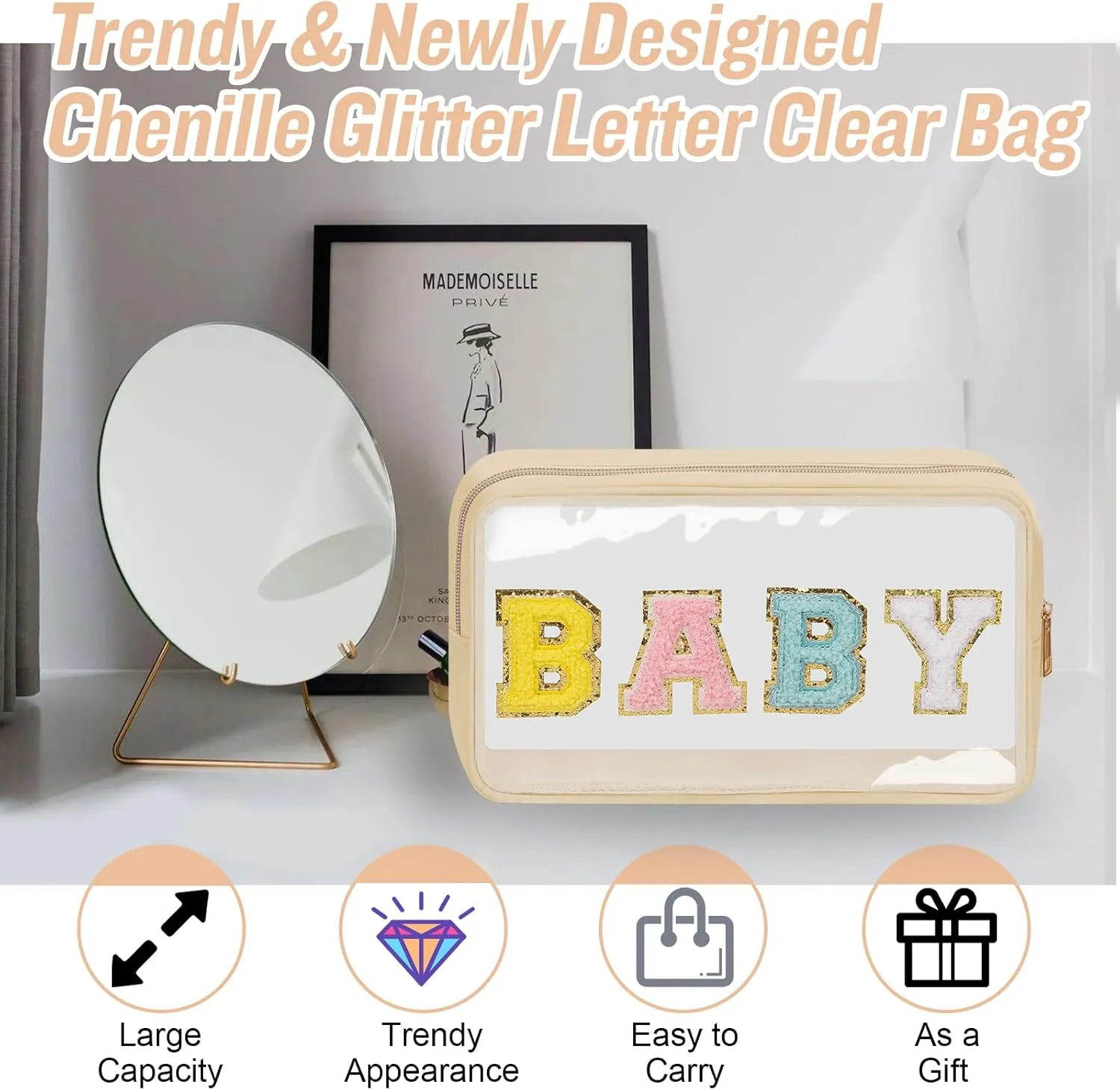 2 Pcs Chenille Letter Clear Makeup Bag Mama Baby Pouch, Mama Baby Hospital Duffle Bag Clear Diaper Bag Organizing Pouches with Zipper, Travel Baby Toiletry Bag Nylon Cosmetic for Women Girl(MAMA BABY)