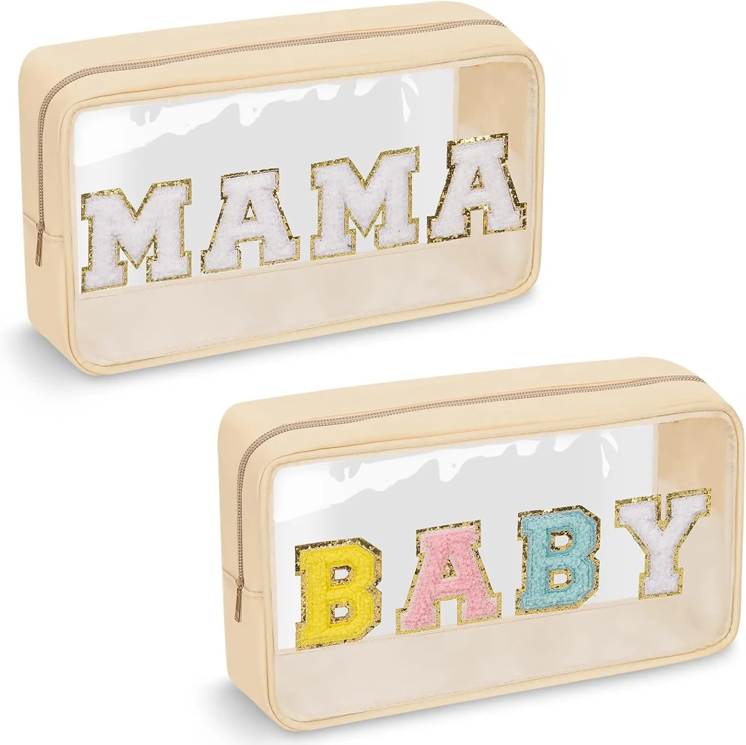 2 Pcs Chenille Letter Clear Makeup Bag Mama Baby Pouch, Mama Baby Hospital Duffle Bag Clear Diaper Bag Organizing Pouches with Zipper, Travel Baby Toiletry Bag Nylon Cosmetic for Women Girl(MAMA BABY)