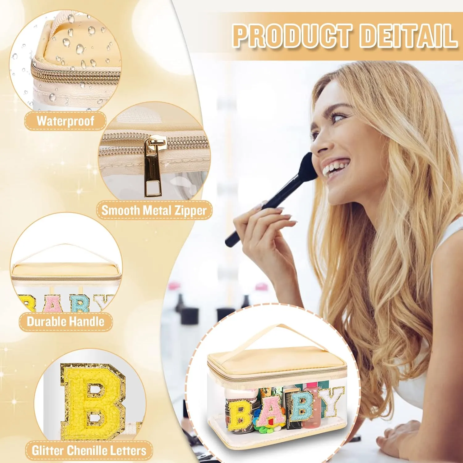 2 Pcs Chenille Letter Clear Makeup Bags Mama Baby Pouch, Preppy Patch Makeup Bag Mama Baby Hospital Duffle Bag Zipper with Handle, Travel Baby Toiletry Bag Nylon Cosmetic Handbag for Women(MAMA BABY)