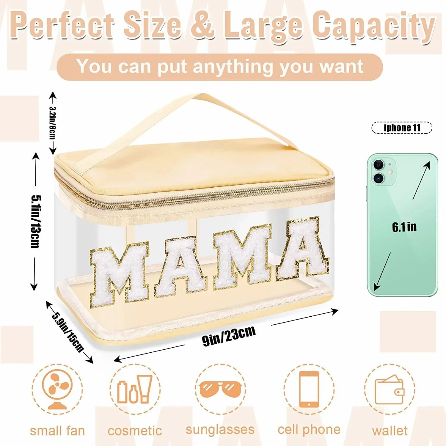 2 Pcs Chenille Letter Clear Makeup Bags Mama Baby Pouch, Preppy Patch Makeup Bag Mama Baby Hospital Duffle Bag Zipper with Handle, Travel Baby Toiletry Bag Nylon Cosmetic Handbag for Women(MAMA BABY)