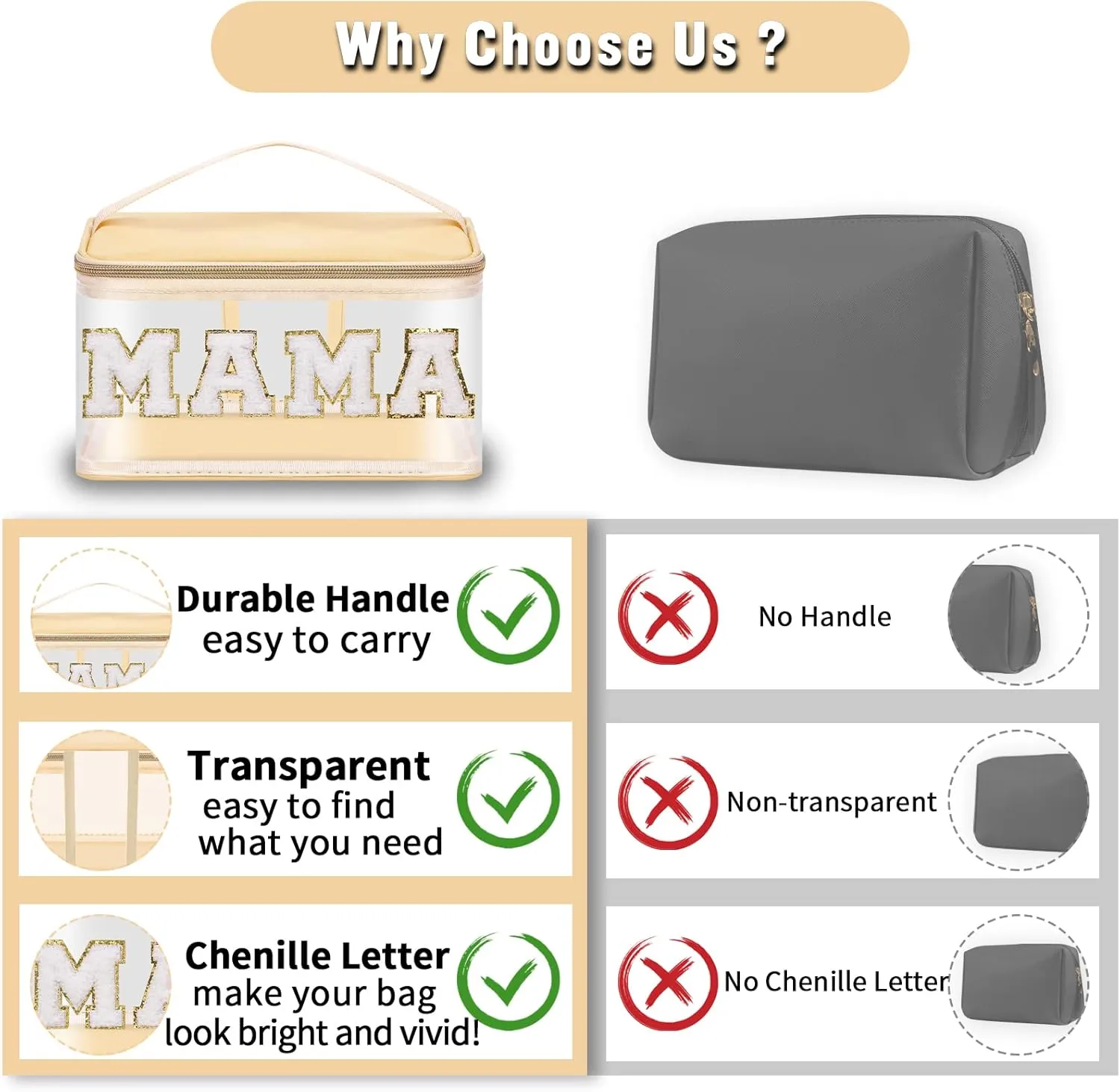 2 Pcs Chenille Letter Clear Makeup Bags Mama Baby Pouch, Preppy Patch Makeup Bag Mama Baby Hospital Duffle Bag Zipper with Handle, Travel Baby Toiletry Bag Nylon Cosmetic Handbag for Women(MAMA BABY)