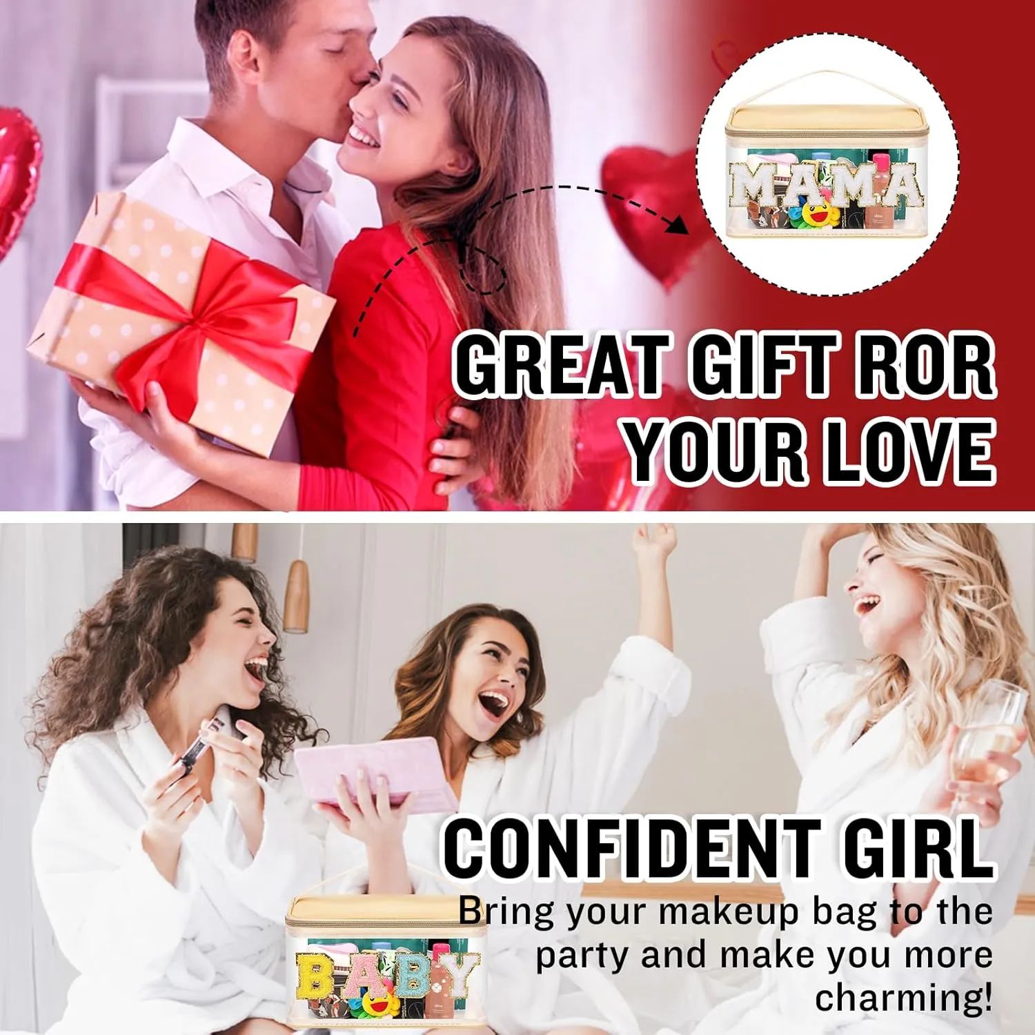 2 Pcs Chenille Letter Clear Makeup Bags Mama Baby Pouch, Preppy Patch Makeup Bag Mama Baby Hospital Duffle Bag Zipper with Handle, Travel Baby Toiletry Bag Nylon Cosmetic Handbag for Women(MAMA BABY)