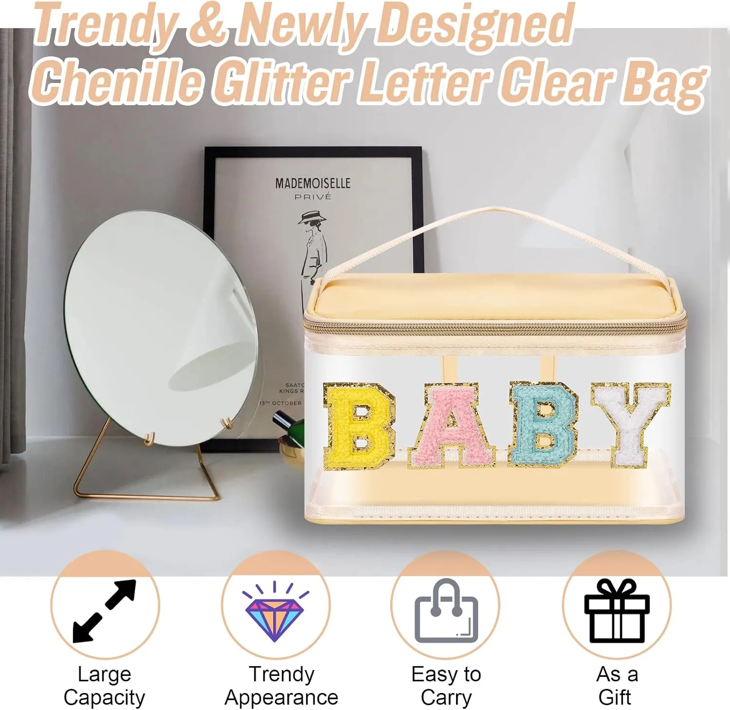 2 Pcs Chenille Letter Clear Makeup Bags Mama Baby Pouch, Preppy Patch Makeup Bag Mama Baby Hospital Duffle Bag Zipper with Handle, Travel Baby Toiletry Bag Nylon Cosmetic Handbag for Women(MAMA BABY)