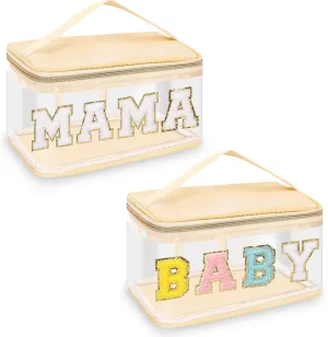 2 Pcs Chenille Letter Clear Makeup Bags Mama Baby Pouch, Preppy Patch Makeup Bag Mama Baby Hospital Duffle Bag Zipper with Handle, Travel Baby Toiletry Bag Nylon Cosmetic Handbag for Women(MAMA BABY)