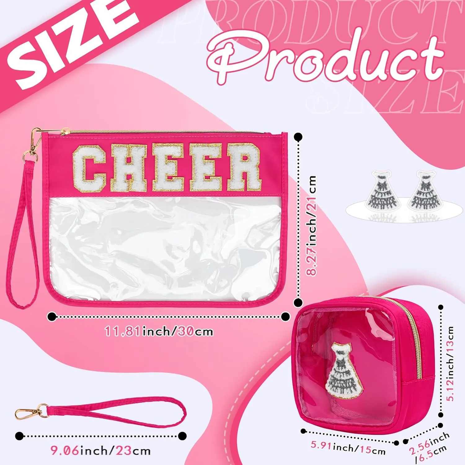 2 Pcs Chenille Letter Clear Zipper Pouch for Travel Cheerleader Gifts, Cheer Makeup Bag, Waterproof Cosmetic Pouch, Snack Bags for Women (Rose Red-Cheer)