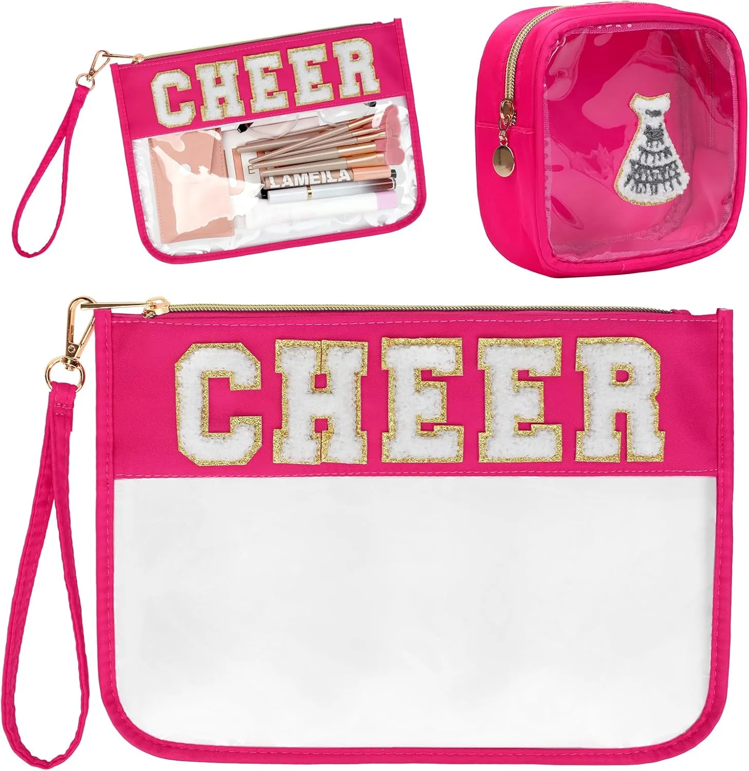 2 Pcs Chenille Letter Clear Zipper Pouch for Travel Cheerleader Gifts, Cheer Makeup Bag, Waterproof Cosmetic Pouch, Snack Bags for Women (Rose Red-Cheer)