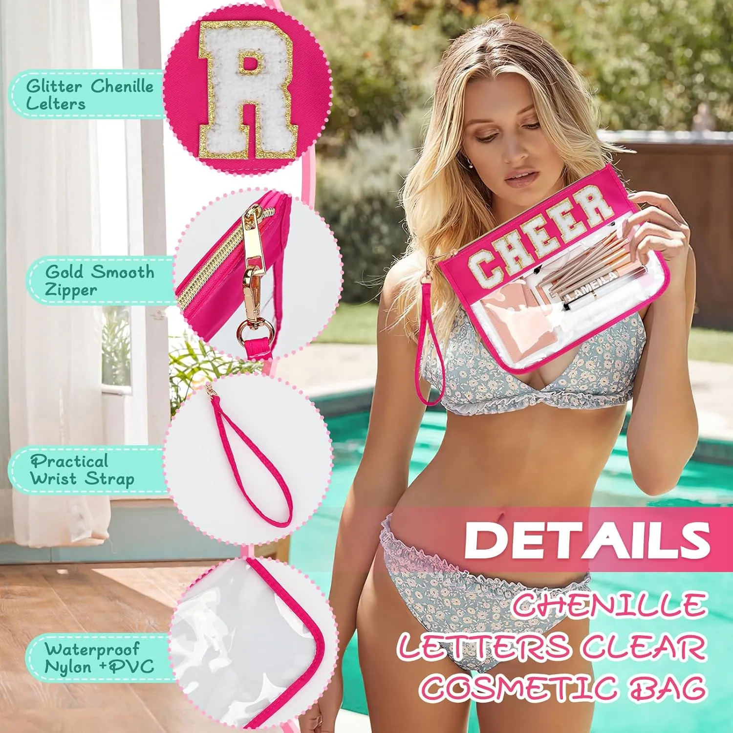 2 Pcs Chenille Letter Clear Zipper Pouch for Travel Cheerleader Gifts, Cheer Makeup Bag, Waterproof Cosmetic Pouch, Snack Bags for Women (Rose Red-Cheer)