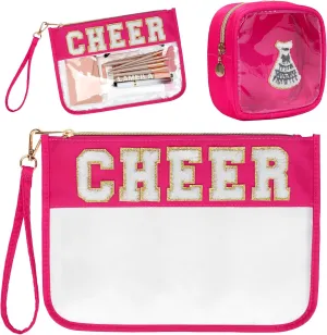 2 Pcs Chenille Letter Clear Zipper Pouch for Travel Cheerleader Gifts, Cheer Makeup Bag, Waterproof Cosmetic Pouch, Snack Bags for Women (Rose Red-Cheer)