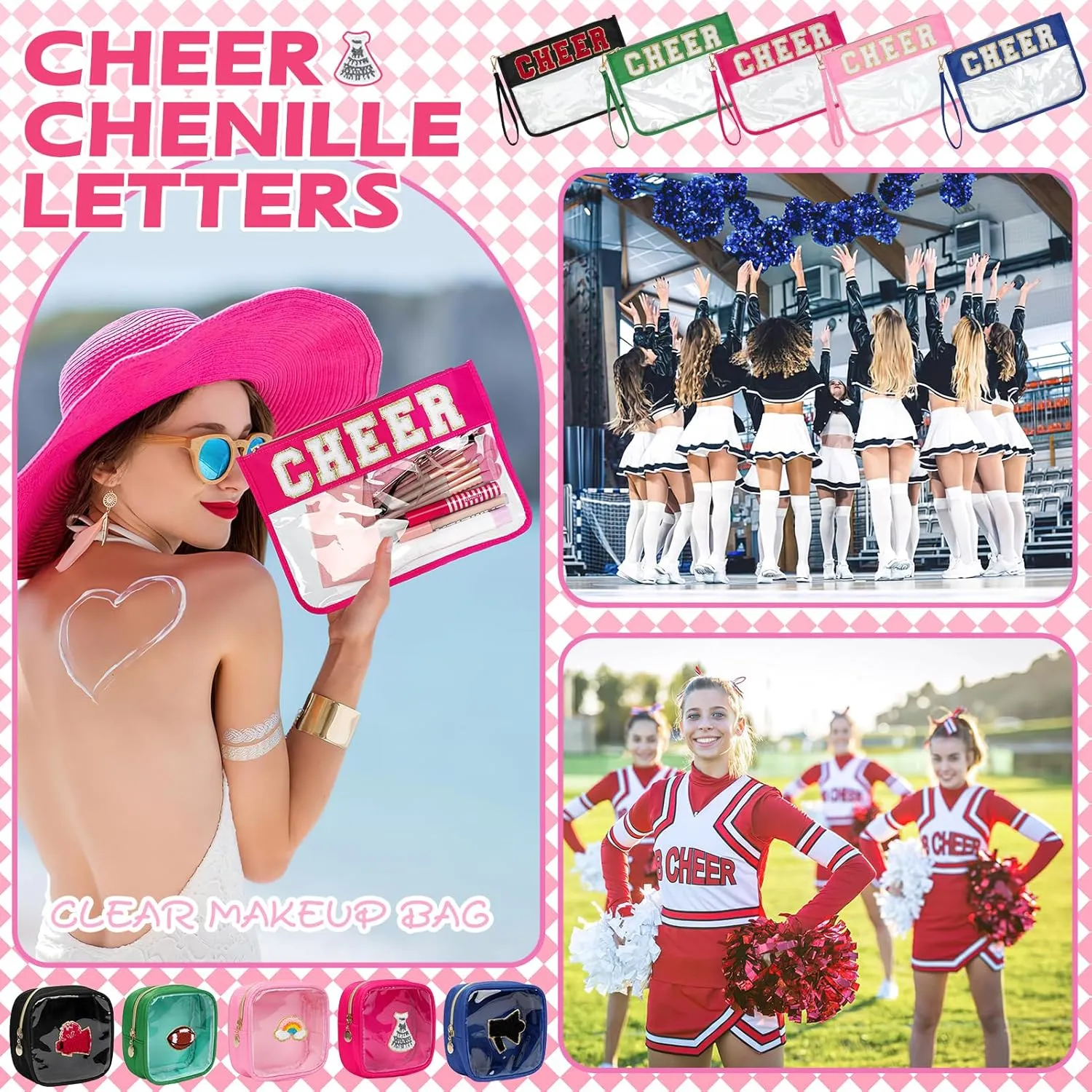 2 Pcs Chenille Letter Clear Zipper Pouch for Travel Cheerleader Gifts, Cheer Makeup Bag, Waterproof Cosmetic Pouch, Snack Bags for Women (Rose Red-Cheer)