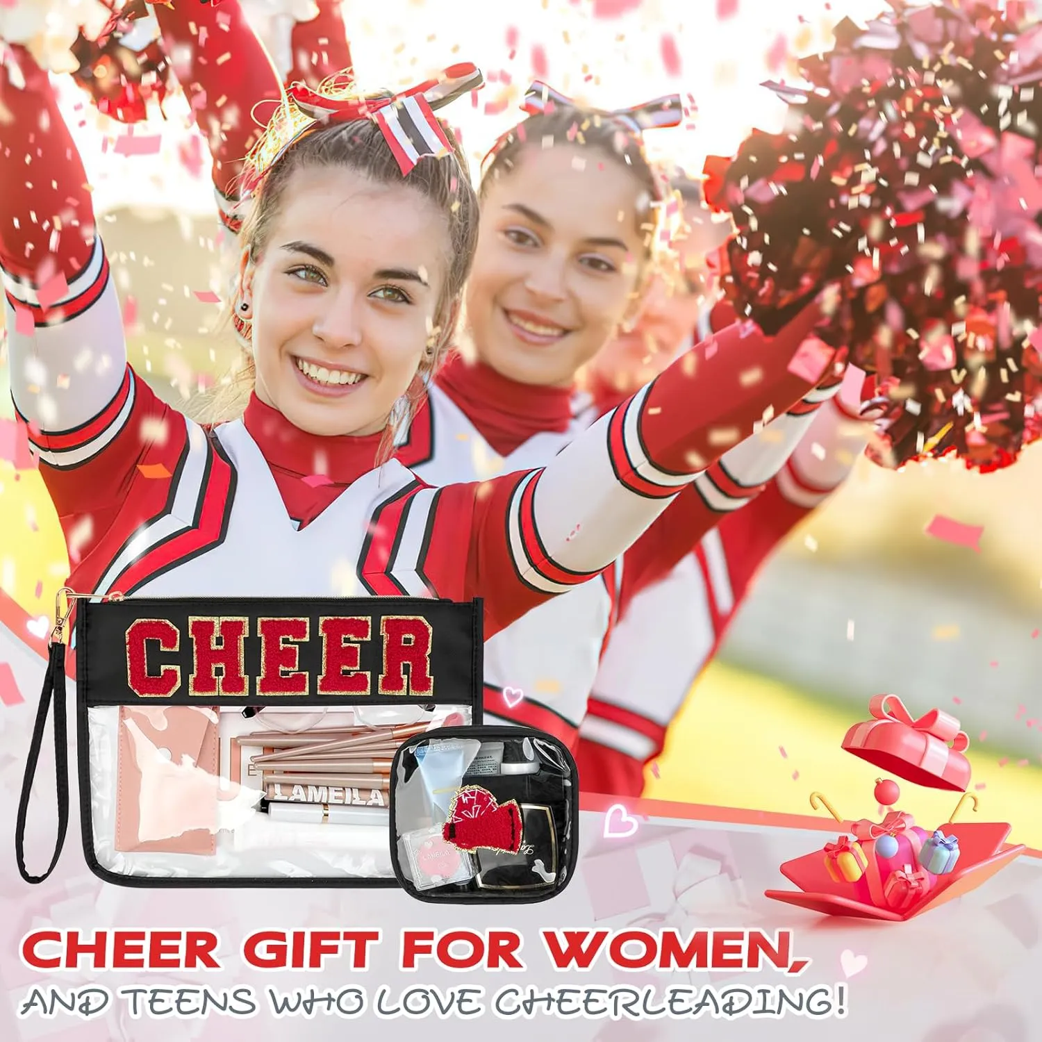 2 Pcs Chenille Letter Clear Zipper Pouch for Travel Cheerleader Gifts, Cheer Makeup Bag, Waterproof Cosmetic Pouch, Snack Bags, Gift for Women (Black-Cheer)