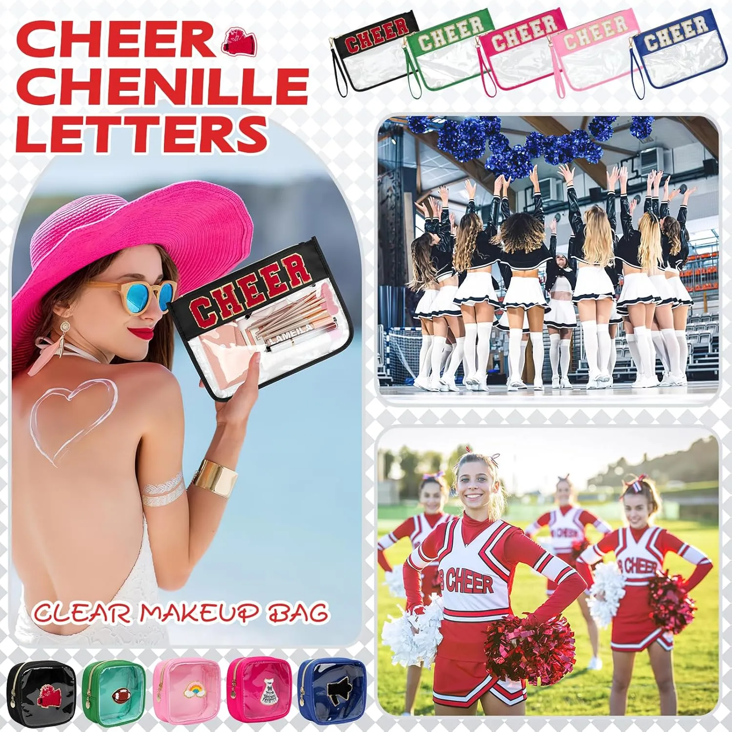 2 Pcs Chenille Letter Clear Zipper Pouch for Travel Cheerleader Gifts, Cheer Makeup Bag, Waterproof Cosmetic Pouch, Snack Bags, Gift for Women (Black-Cheer)