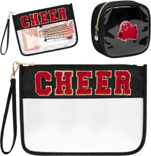 2 Pcs Chenille Letter Clear Zipper Pouch for Travel Cheerleader Gifts, Cheer Makeup Bag, Waterproof Cosmetic Pouch, Snack Bags, Gift for Women (Black-Cheer)