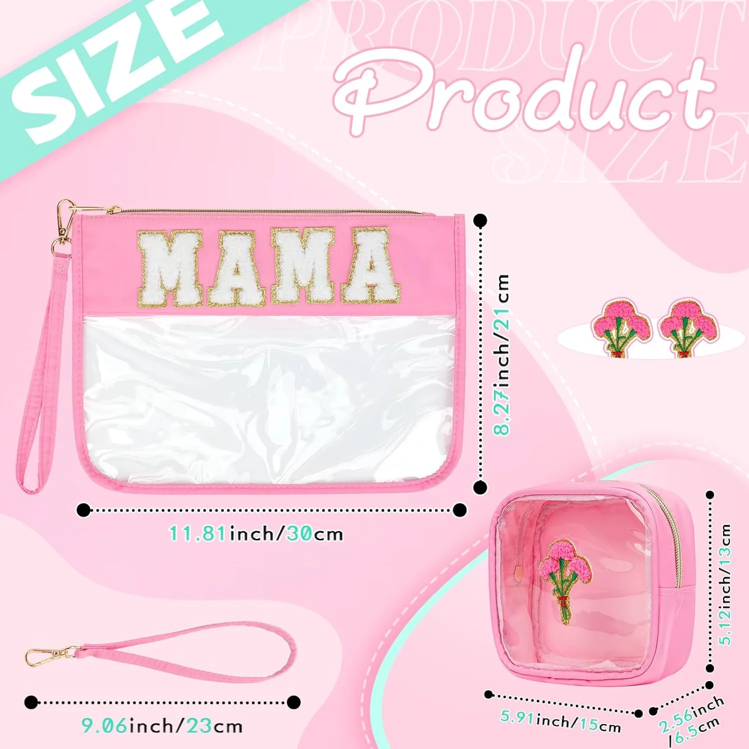 2 Pcs Chenille Letter Clear Zipper Pouch for Travel - Nylon Makeup Bag, Mama Purse, Waterproof Cosmetic Bag, Snack Bags, Multipurpose for Women (Pink-Mama)