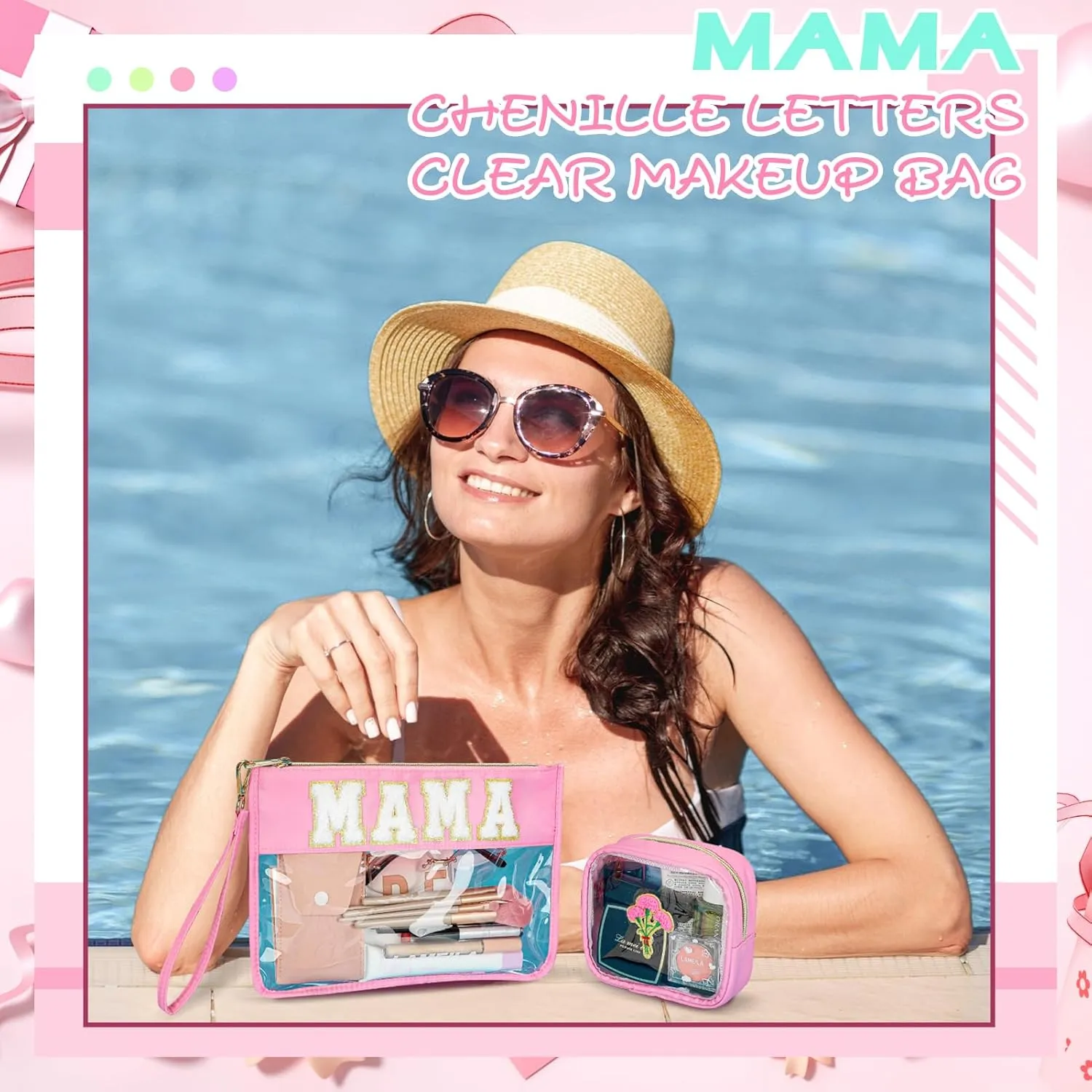 2 Pcs Chenille Letter Clear Zipper Pouch for Travel - Nylon Makeup Bag, Mama Purse, Waterproof Cosmetic Bag, Snack Bags, Multipurpose for Women (Pink-Mama)