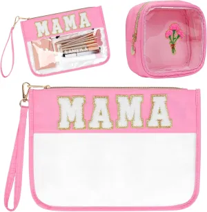2 Pcs Chenille Letter Clear Zipper Pouch for Travel - Nylon Makeup Bag, Mama Purse, Waterproof Cosmetic Bag, Snack Bags, Multipurpose for Women (Pink-Mama)