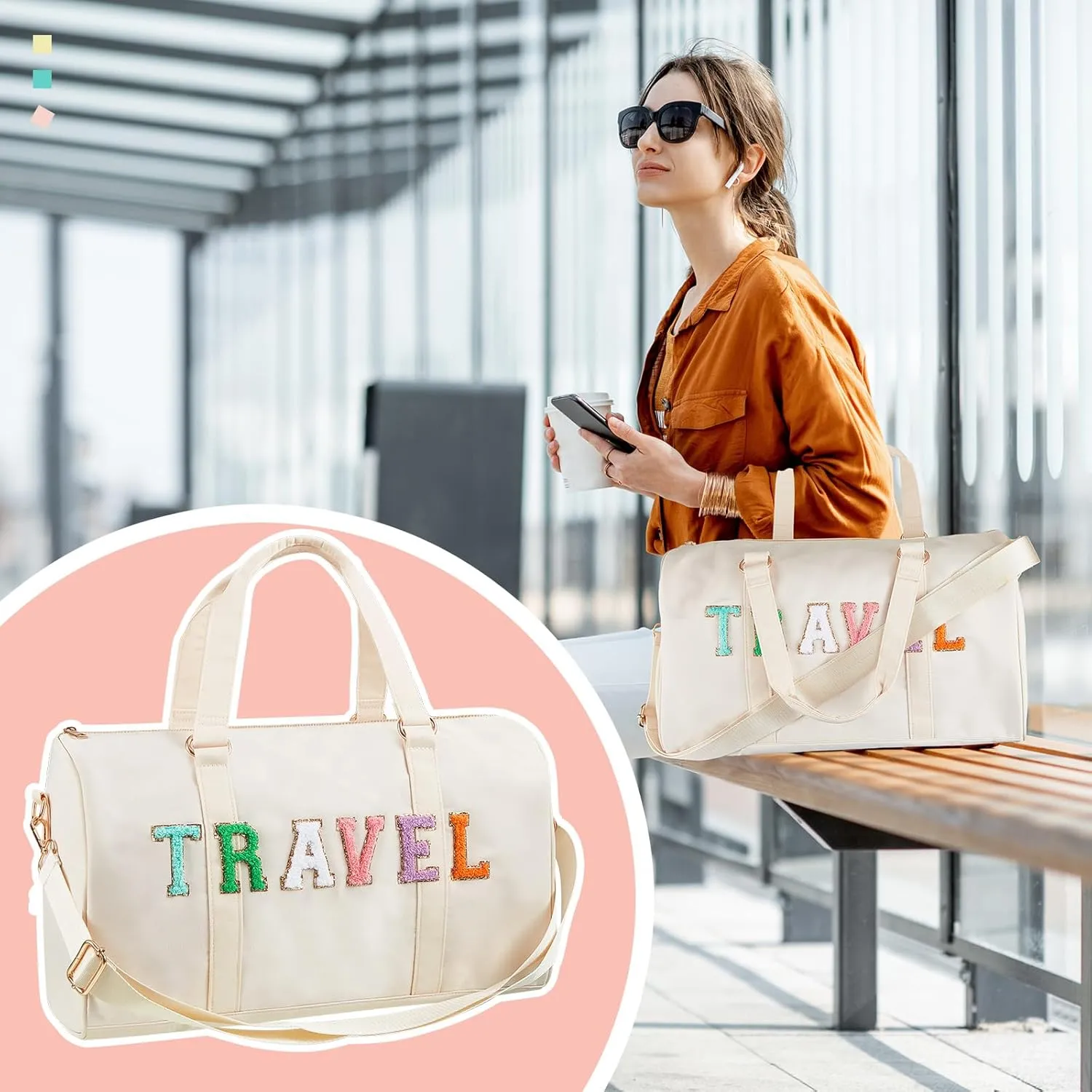 2 Pcs Preppy Chenille Letter Duffle Bag and Makeup Pouch, Travel Tote Bag Cosmetic Zipper Patch Makeup Bag (Nude)