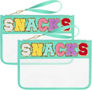2 PCS Snack Bags Clear Pouch Travel Makeup Bag Chenille Letter Bags for Zipper Pouch Clear Cosmetic Bag Clear Tote Bag Makeup Travel Bag for Women Girls (Green Green)