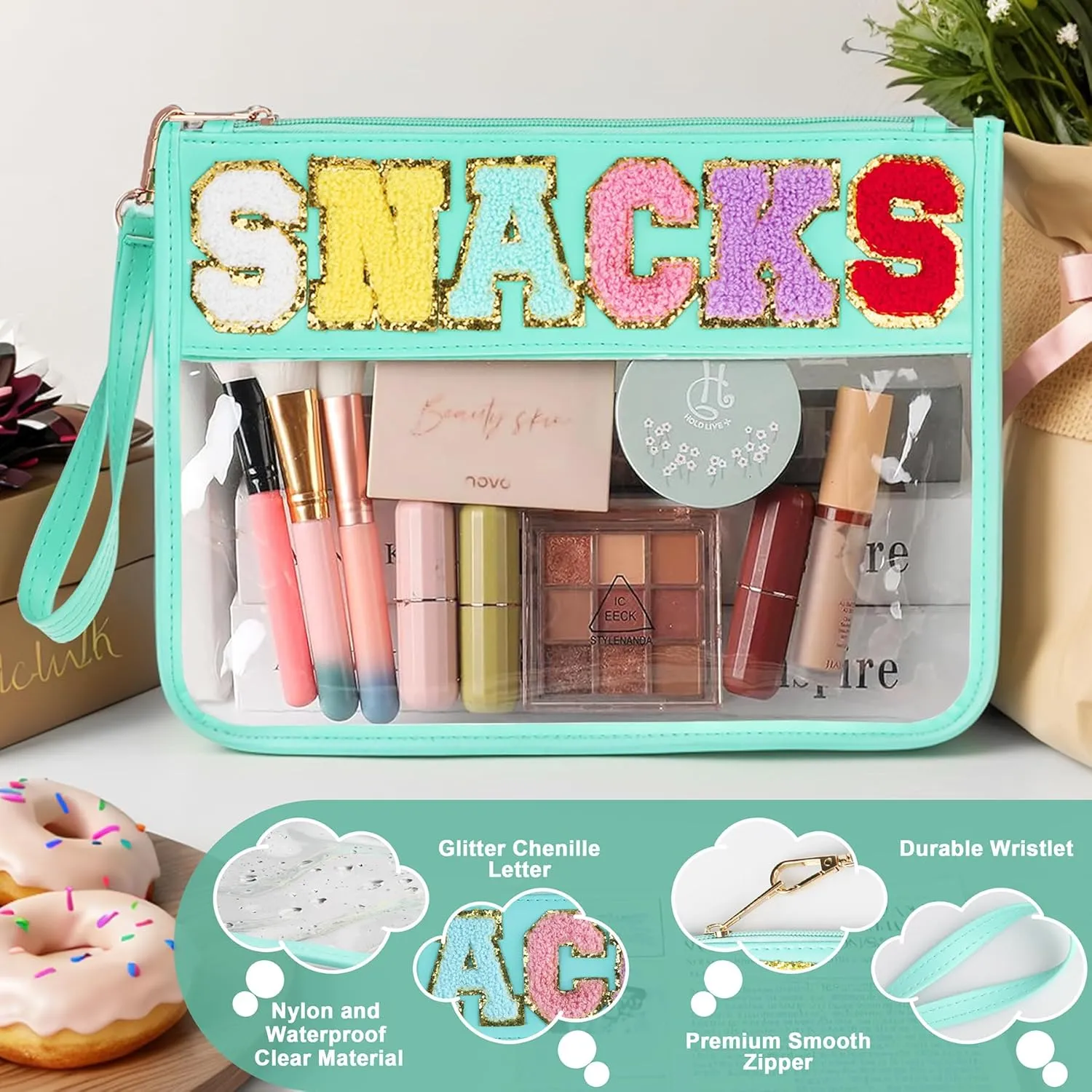 2 PCS Snack Bags Clear Pouch Travel Makeup Bag Chenille Letter Bags for Zipper Pouch Clear Cosmetic Bag Clear Tote Bag Makeup Travel Bag for Women Girls (Green Green)