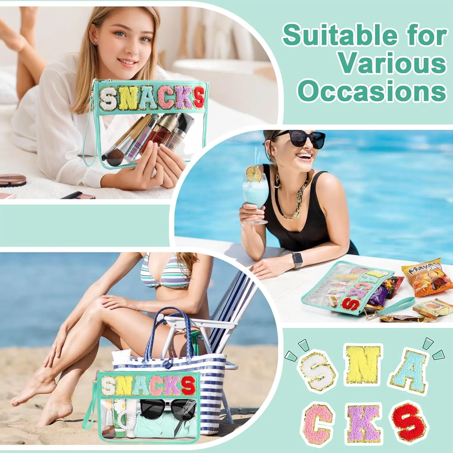 2 PCS Snack Bags Clear Pouch Travel Makeup Bag Chenille Letter Bags for Zipper Pouch Clear Cosmetic Bag Clear Tote Bag Makeup Travel Bag for Women Girls (Green Green)