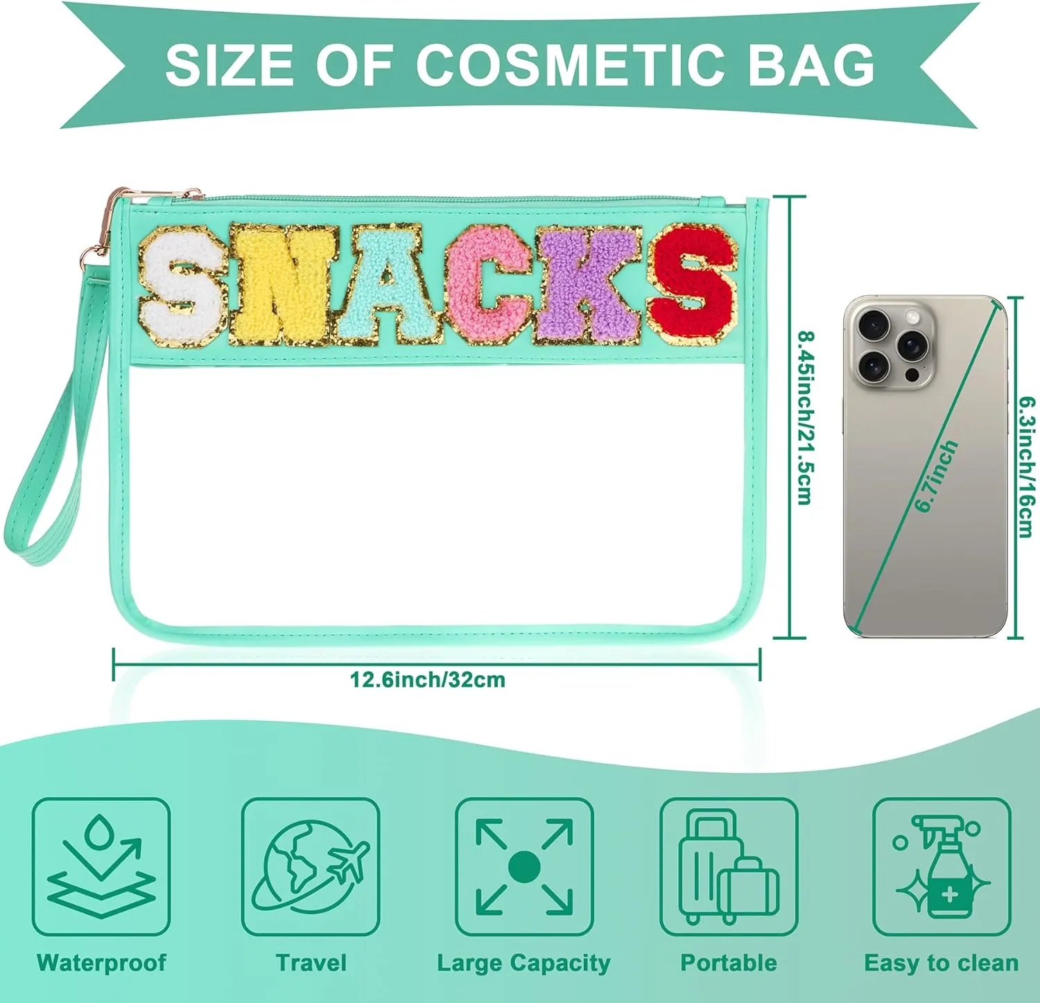 2 PCS Snack Bags Clear Pouch Travel Makeup Bag Chenille Letter Bags for Zipper Pouch Clear Cosmetic Bag Clear Tote Bag Makeup Travel Bag for Women Girls (Green Green)