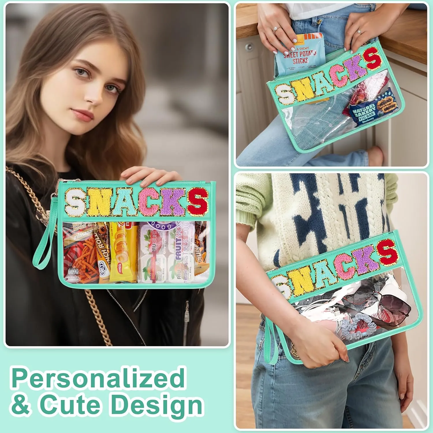 2 PCS Snack Bags Clear Pouch Travel Makeup Bag Chenille Letter Bags for Zipper Pouch Clear Cosmetic Bag Clear Tote Bag Makeup Travel Bag for Women Girls (Green Green)
