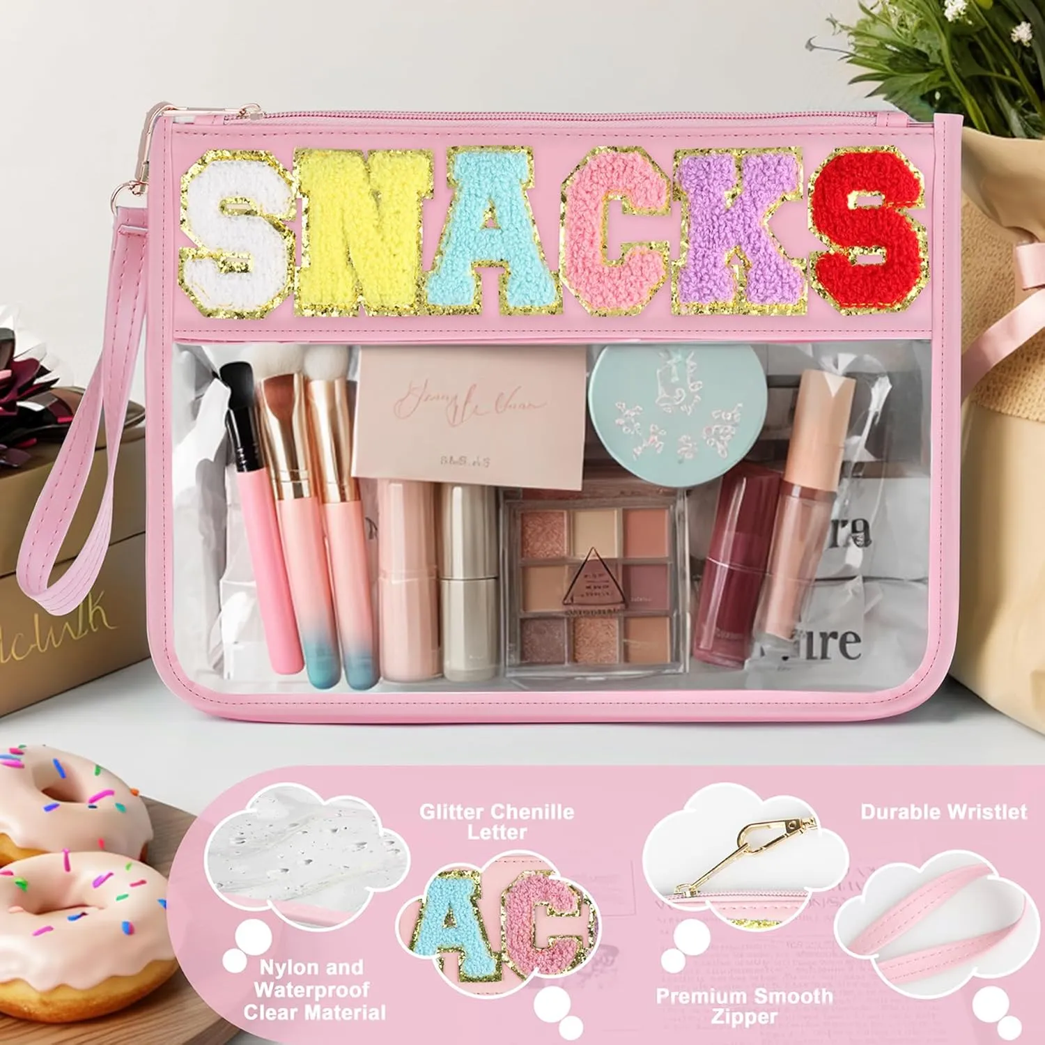2 PCS Snack Bags Clear Pouch Travel Makeup Bag Chenille Letter Bags for Zipper Pouch Clear Cosmetic Bag Clear Tote Bag Makeup Travel Bag for Women Girls (Pink Pink)