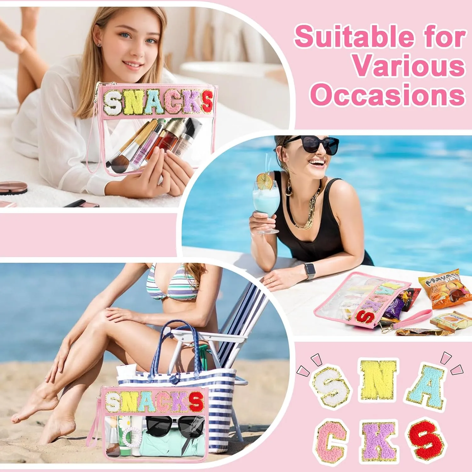 2 PCS Snack Bags Clear Pouch Travel Makeup Bag Chenille Letter Bags for Zipper Pouch Clear Cosmetic Bag Clear Tote Bag Makeup Travel Bag for Women Girls (Pink Pink)