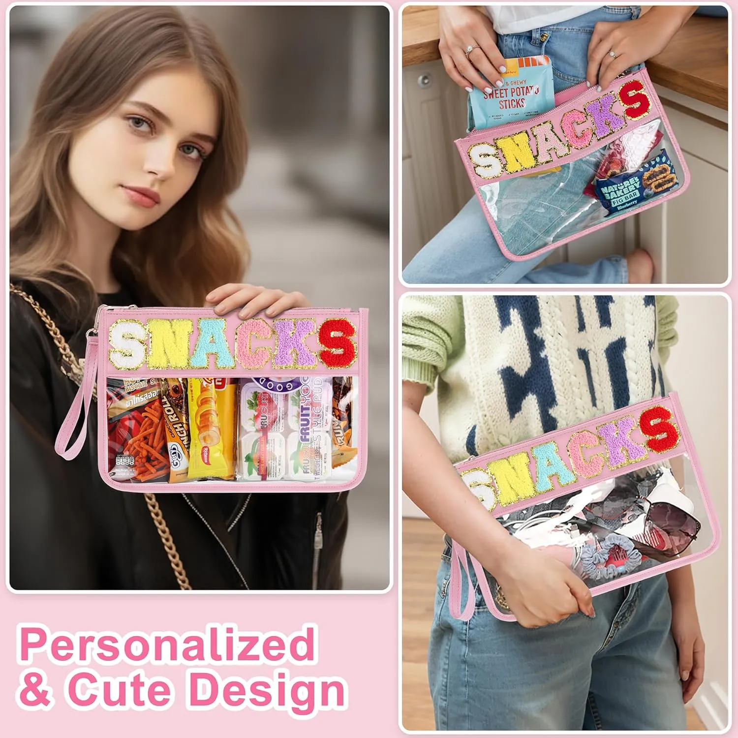 2 PCS Snack Bags Clear Pouch Travel Makeup Bag Chenille Letter Bags for Zipper Pouch Clear Cosmetic Bag Clear Tote Bag Makeup Travel Bag for Women Girls (Pink Pink)