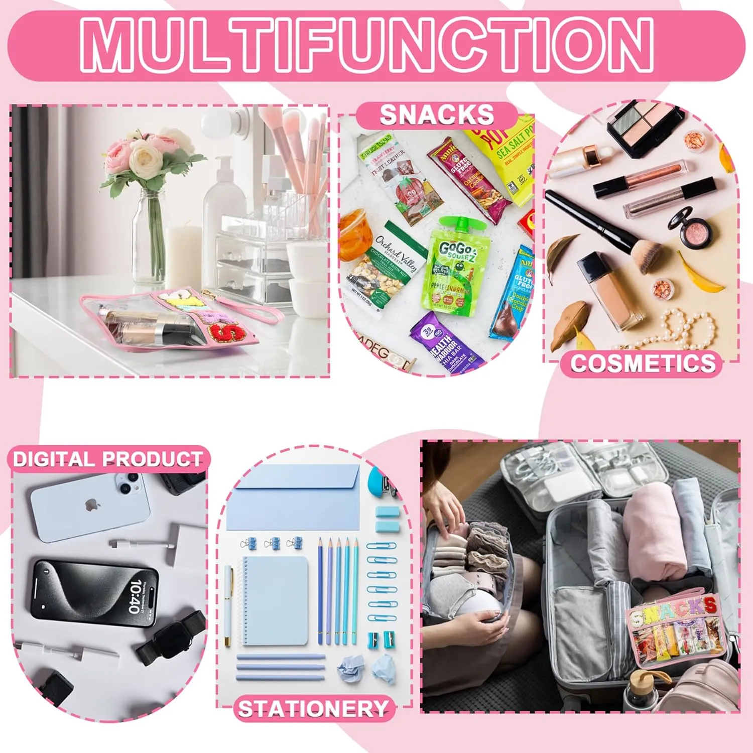 2 PCS Snack Bags Clear Pouch Travel Makeup Bag Chenille Letter Bags for Zipper Pouch Clear Cosmetic Bag Clear Tote Bag Makeup Travel Bag for Women Girls (Pink Pink)