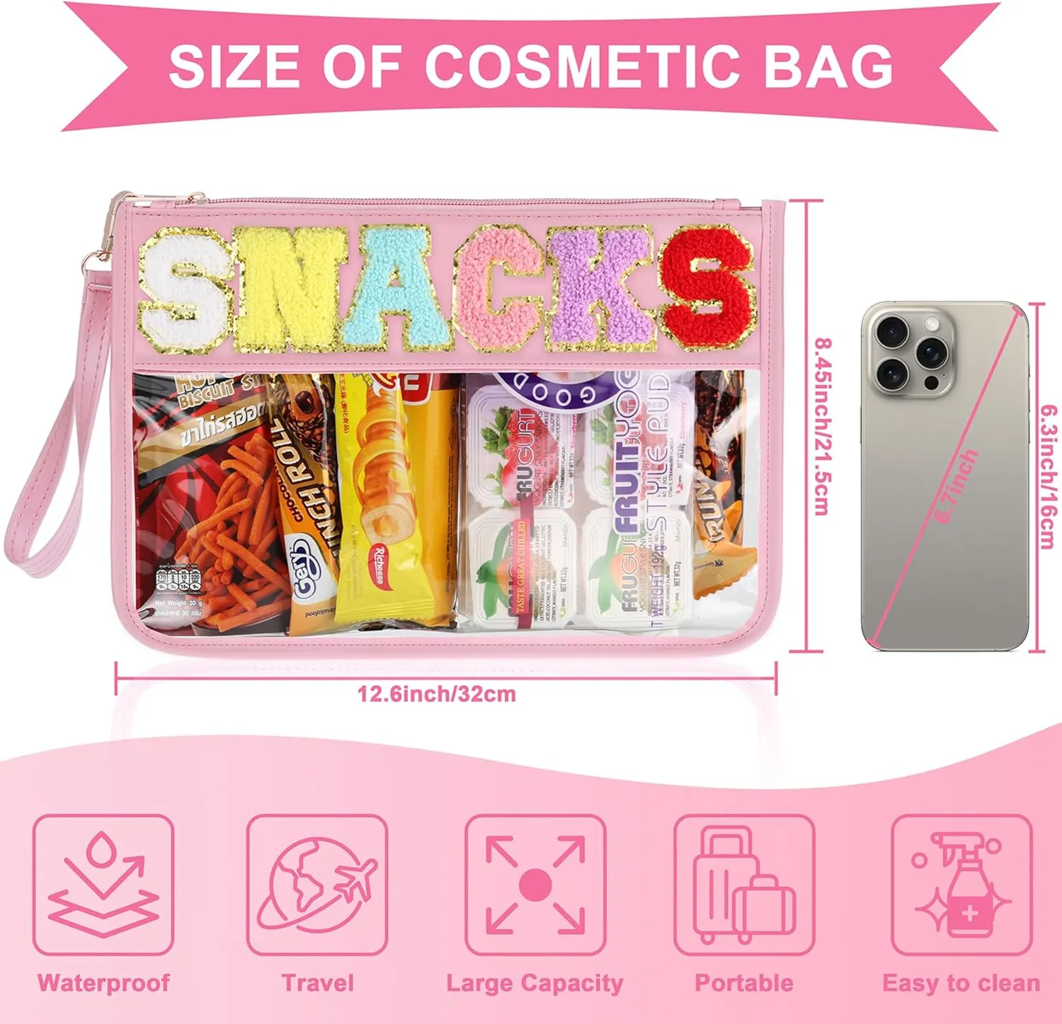 2 PCS Snack Bags Clear Pouch Travel Makeup Bag Chenille Letter Bags for Zipper Pouch Clear Cosmetic Bag Clear Tote Bag Makeup Travel Bag for Women Girls (Pink Pink)