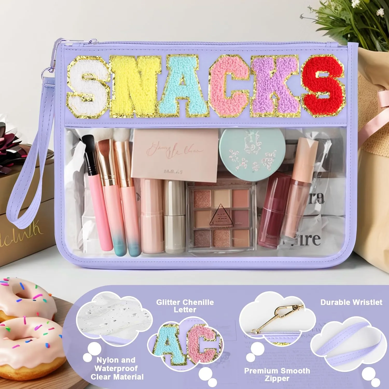 2 PCS Snack Bags Clear Pouch Travel Makeup Bag Chenille Letter Bags for Zipper Pouch Clear Cosmetic Bag Clear Tote Bag Makeup Travel Bag for Women Girls (Purple Purple)