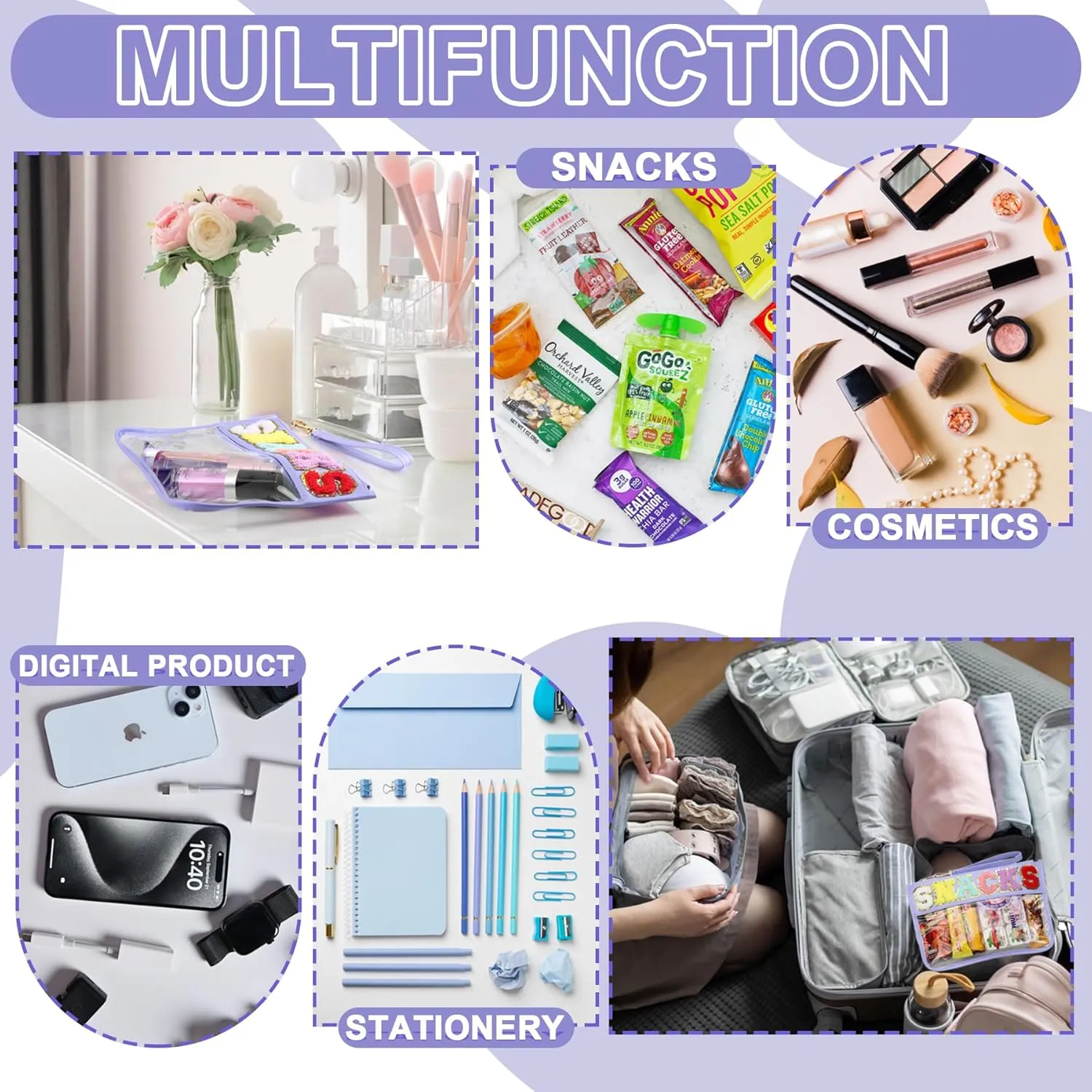 2 PCS Snack Bags Clear Pouch Travel Makeup Bag Chenille Letter Bags for Zipper Pouch Clear Cosmetic Bag Clear Tote Bag Makeup Travel Bag for Women Girls (Purple Purple)