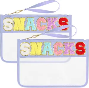2 PCS Snack Bags Clear Pouch Travel Makeup Bag Chenille Letter Bags for Zipper Pouch Clear Cosmetic Bag Clear Tote Bag Makeup Travel Bag for Women Girls (Purple Purple)