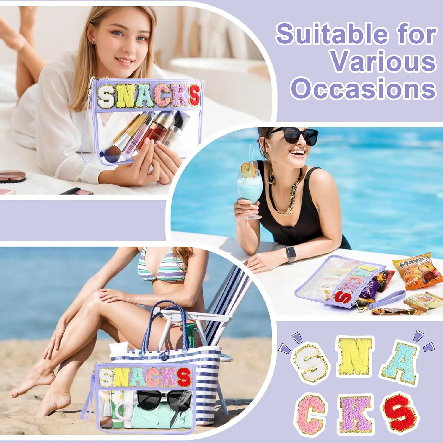 2 PCS Snack Bags Clear Pouch Travel Makeup Bag Chenille Letter Bags for Zipper Pouch Clear Cosmetic Bag Clear Tote Bag Makeup Travel Bag for Women Girls (Purple Purple)