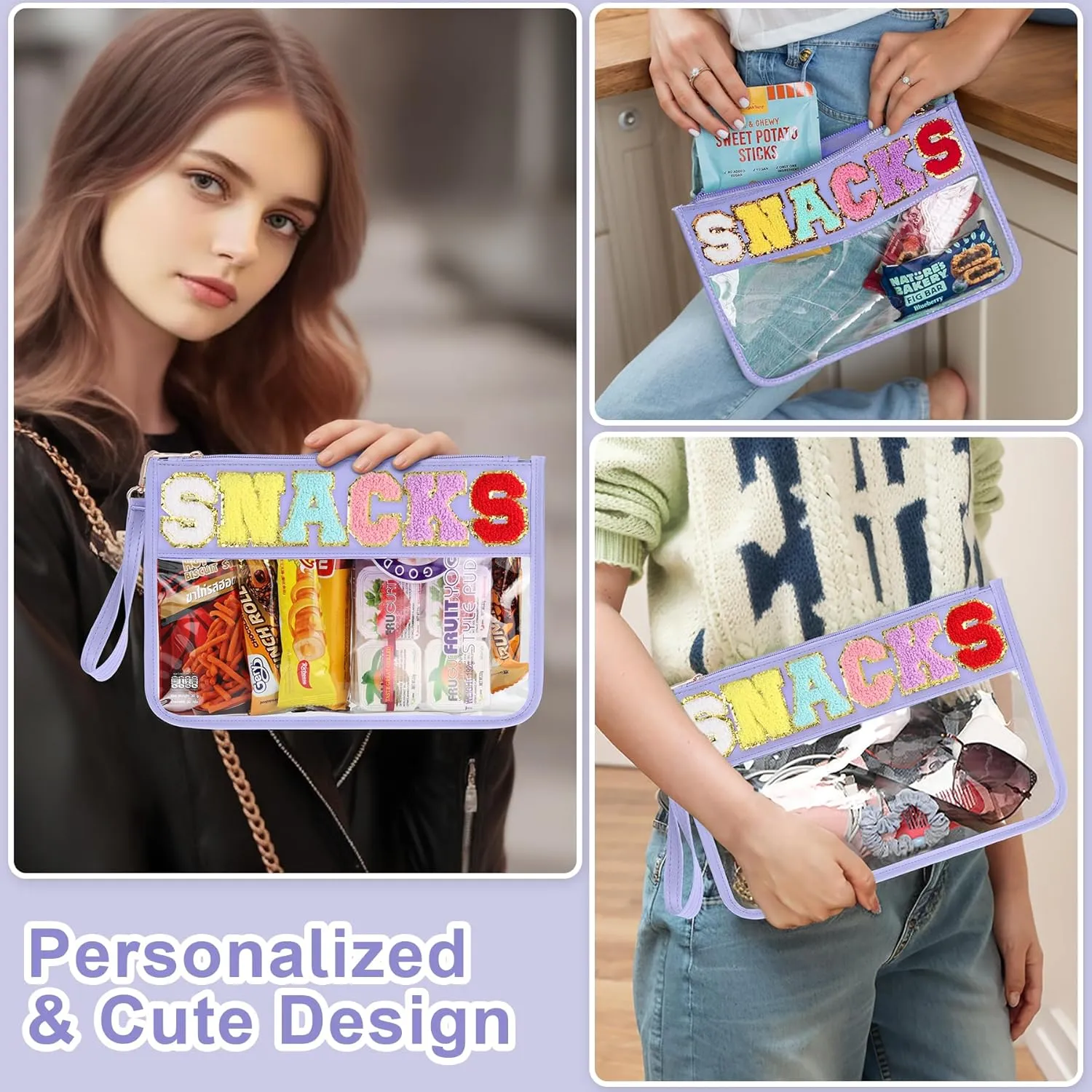 2 PCS Snack Bags Clear Pouch Travel Makeup Bag Chenille Letter Bags for Zipper Pouch Clear Cosmetic Bag Clear Tote Bag Makeup Travel Bag for Women Girls (Purple Purple)
