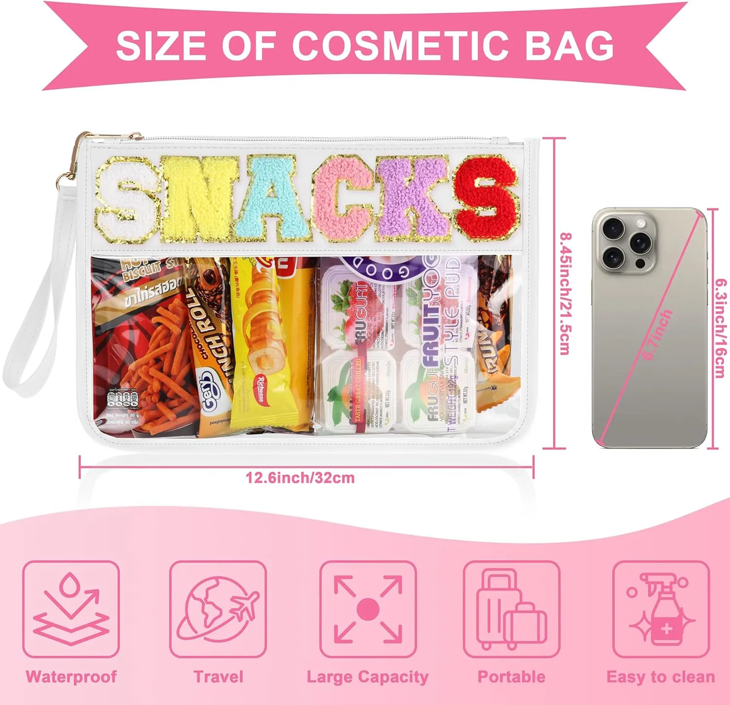 2 PCS Snack Bags Clear Pouch Travel Makeup Bag Chenille Letter Bags for Zipper Pouch Clear Cosmetic Bag Clear Tote Bag Makeup Travel Bag for Women Girls (White Pink)