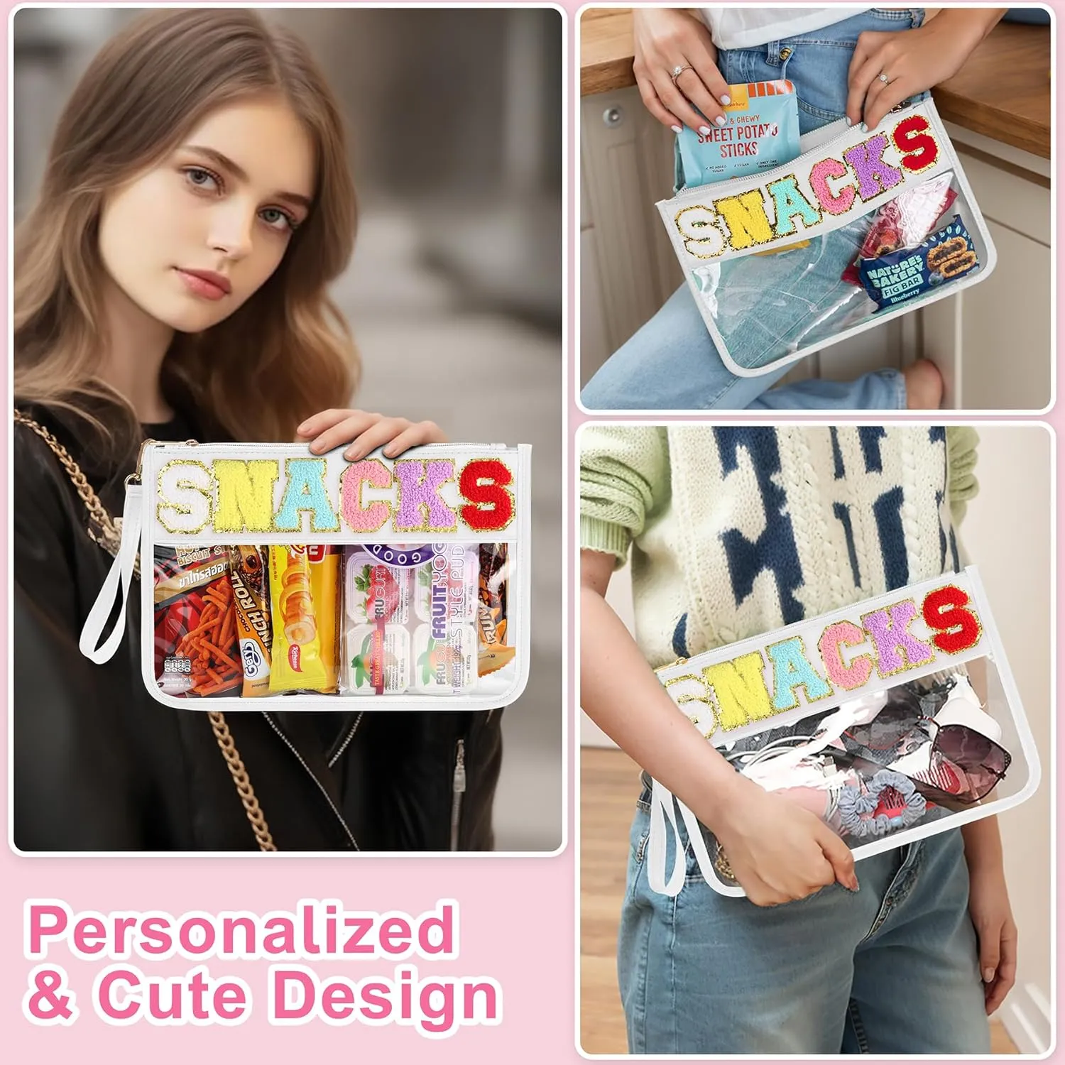2 PCS Snack Bags Clear Pouch Travel Makeup Bag Chenille Letter Bags for Zipper Pouch Clear Cosmetic Bag Clear Tote Bag Makeup Travel Bag for Women Girls (White Pink)