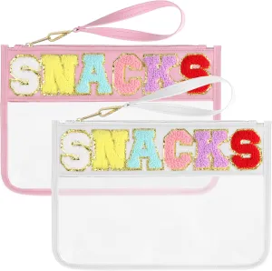 2 PCS Snack Bags Clear Pouch Travel Makeup Bag Chenille Letter Bags for Zipper Pouch Clear Cosmetic Bag Clear Tote Bag Makeup Travel Bag for Women Girls (White Pink)